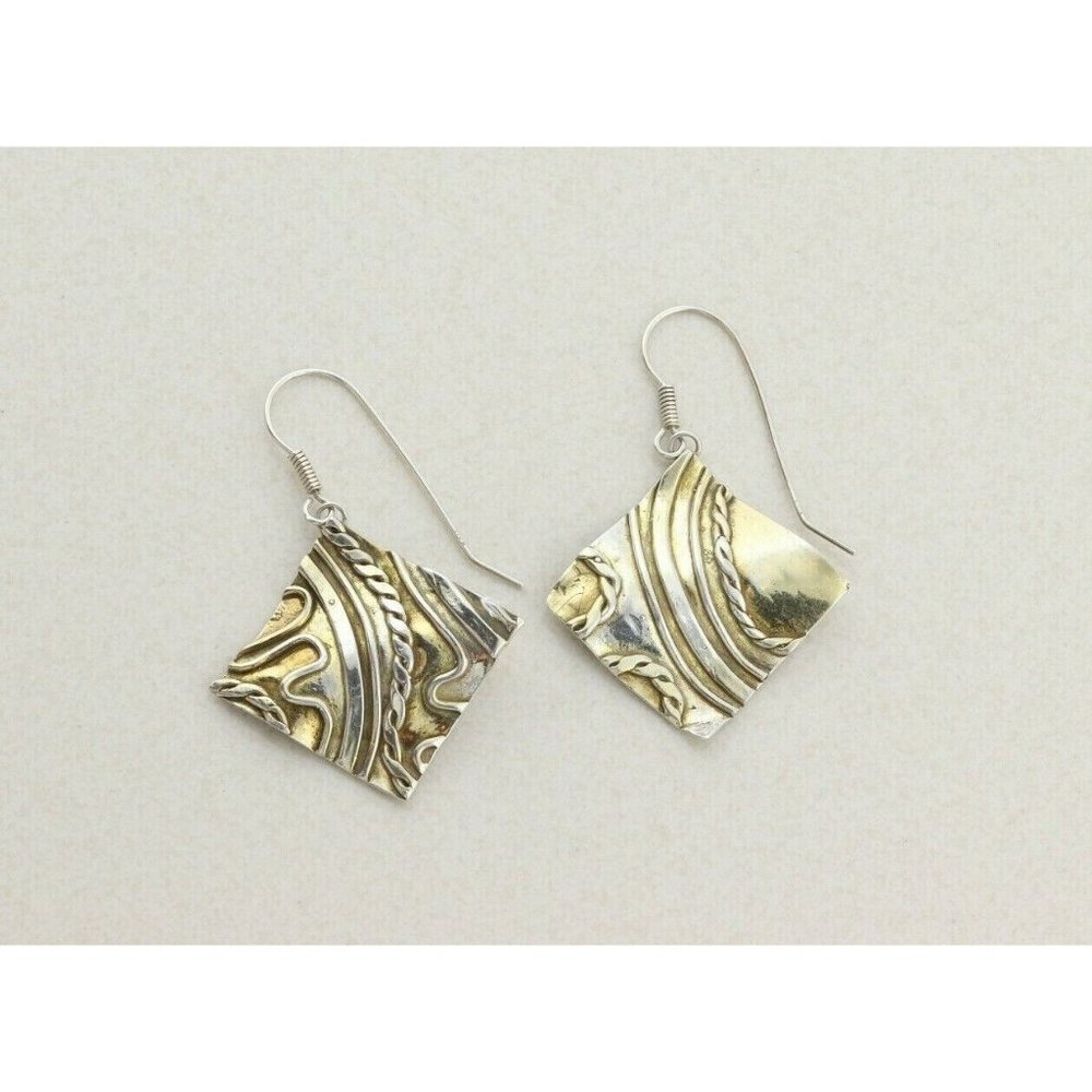 Gold over Sterling Silver Accents Modernist Abstract Dangle Drop Earrings